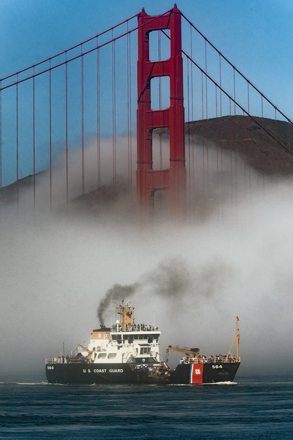 Coast Guard cutter under Golden Gate bridge