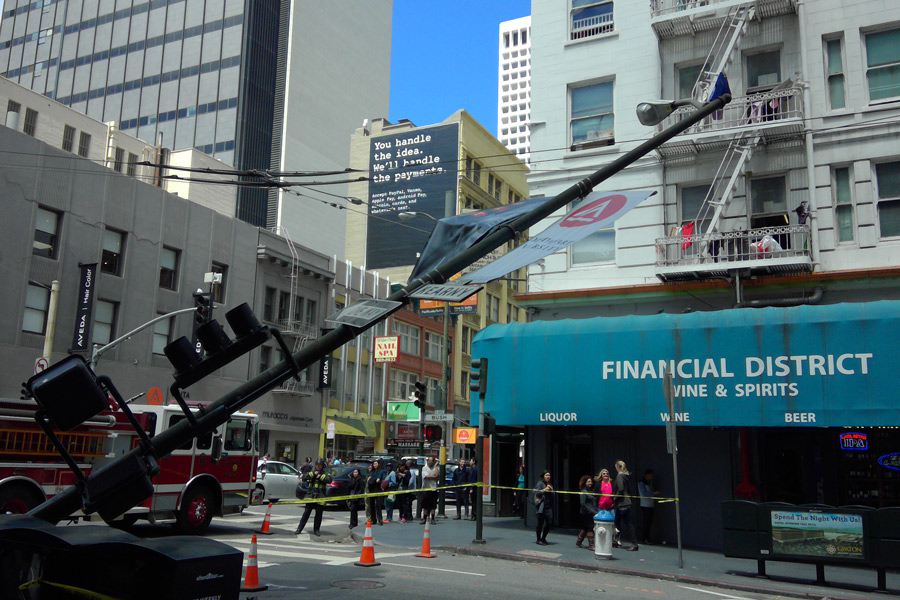 Collapsed light post Kearny Bush San Francisco photo