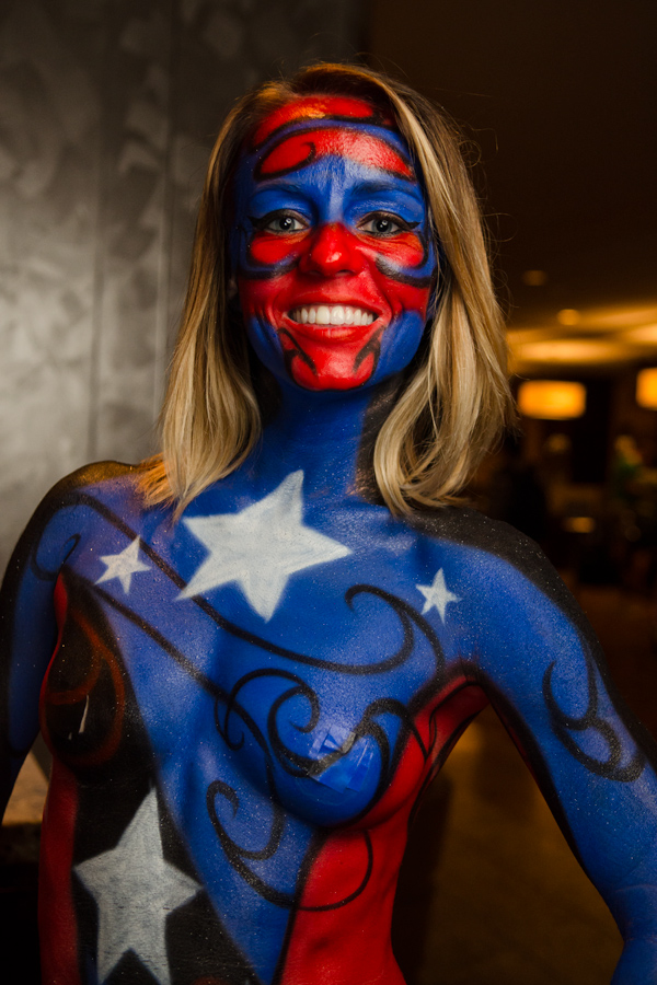 This is a picture of a body-painted female Captain America at Dragon*Con 20...