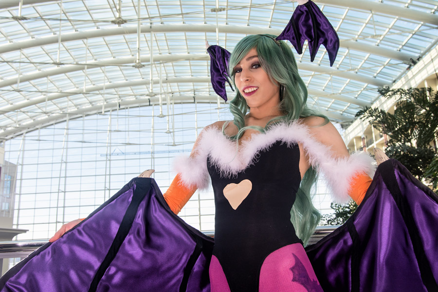 A picture of Morrigan Aensland cosplay at Katsucon 2016 taken by Batty!